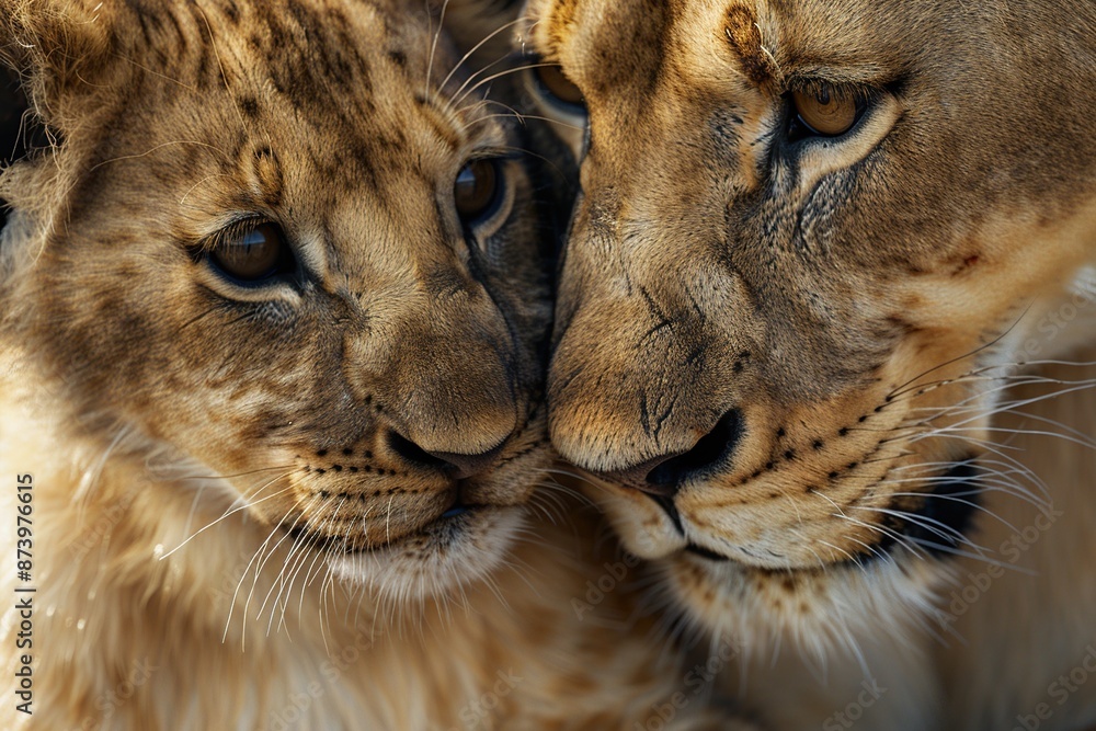 Lioness and her cub cuddling. Predators love. Ai generative image Lioness and her cub cuddling. Predators love. Ai generative image