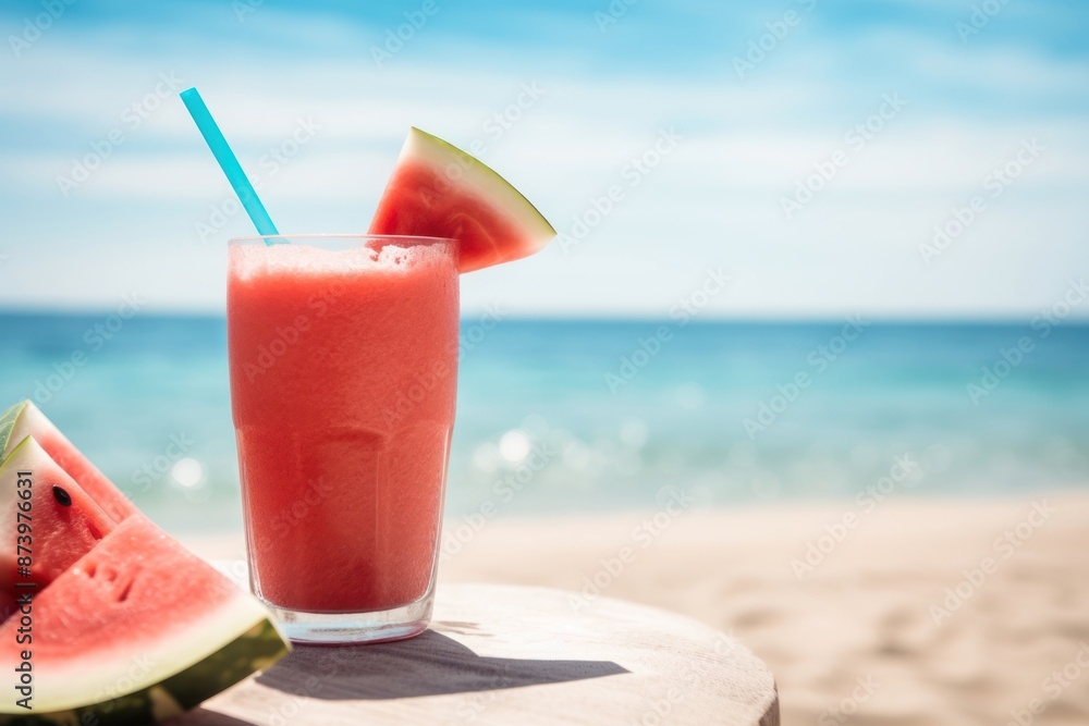 Obraz premium Watermelon smoothie cocktail outdoors.