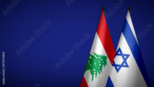 3D rendering of two flag from Lebanon and Israel on flagpoles with Blue background for diplomatic. bilateral relations. peace and conflict between countries. Fabric