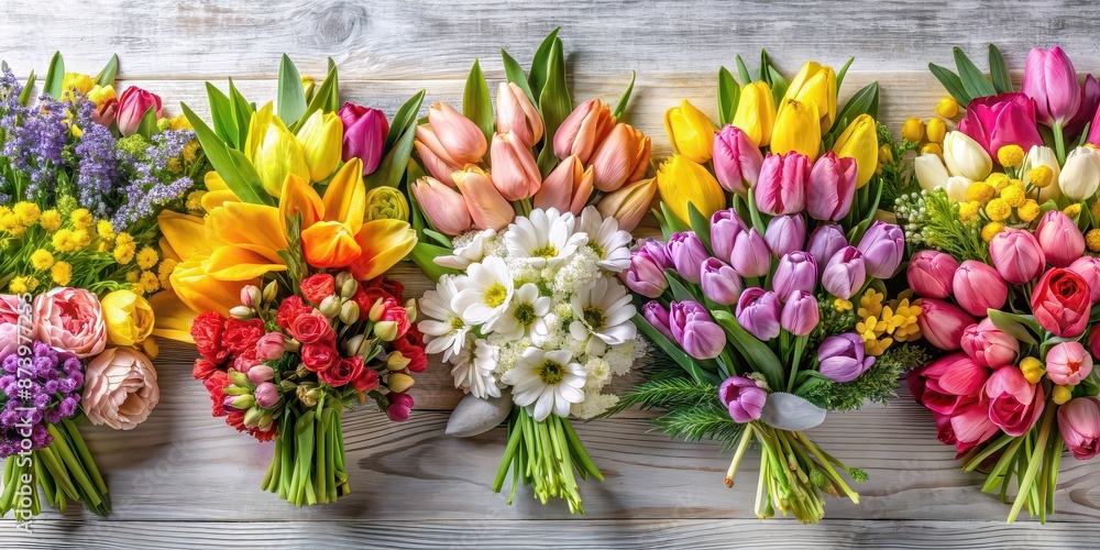 Various spring bouquets of flowers on background, top view, in high resolution, spring, bouquets, flowers Various spring bouquets of flowers on background, top view, in high resolution, spring, bouquets, flowers