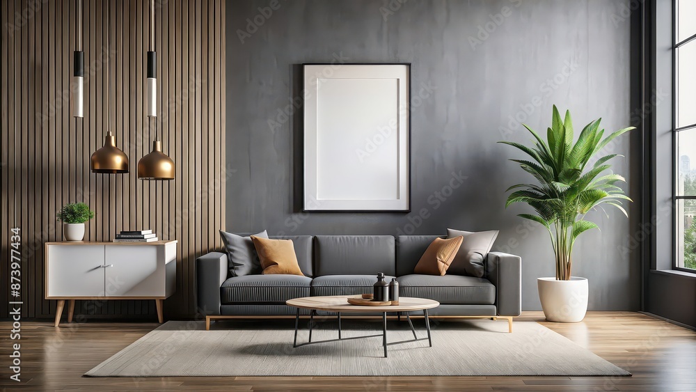 Fototapeta premium Frame mockup hanging on a white wall in a sleek black modern living room , mockup, frame, black, modern, living room
