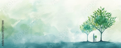Environmental goals, community planting trees, green and sustainable, Watercolor style