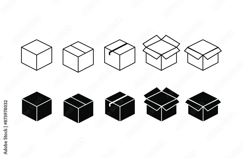 set of icon box packaging vector design silhouette and outline design on white background set of icon box packaging vector design silhouette and outline design on white background