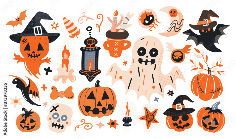 Set of isolated Halloween decoration elements in doodle hand-drawn graphic vector illustration on transparent background 6. Vivid orange and black color tone. Set of isolated Halloween decoration elements in doodle hand-drawn graphic vector illustration on transparent background 6. Vivid orange and black color tone.