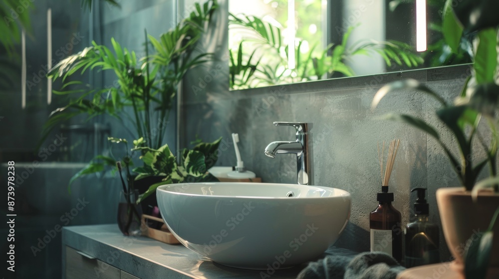 Fototapeta premium Modern bathroom with plants and a white sink
