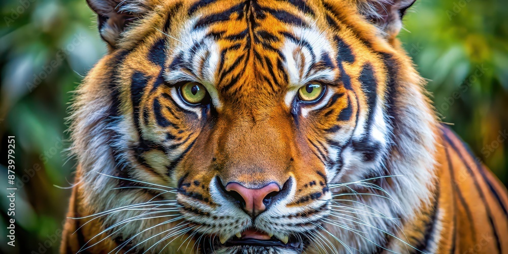 Close up of a fierce tiger's head with focused eyes and sharp teeth , tiger, wildlife, predator, feline, animal, jungle Close up of a fierce tiger's head with focused eyes and sharp teeth , tiger, wildlife, predator, feline, animal, jungle