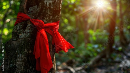 Red Cloth Tied To A Tree With Messages, At Khao Khitchakut National Park, Symbolizing Wishes And Prayers photo