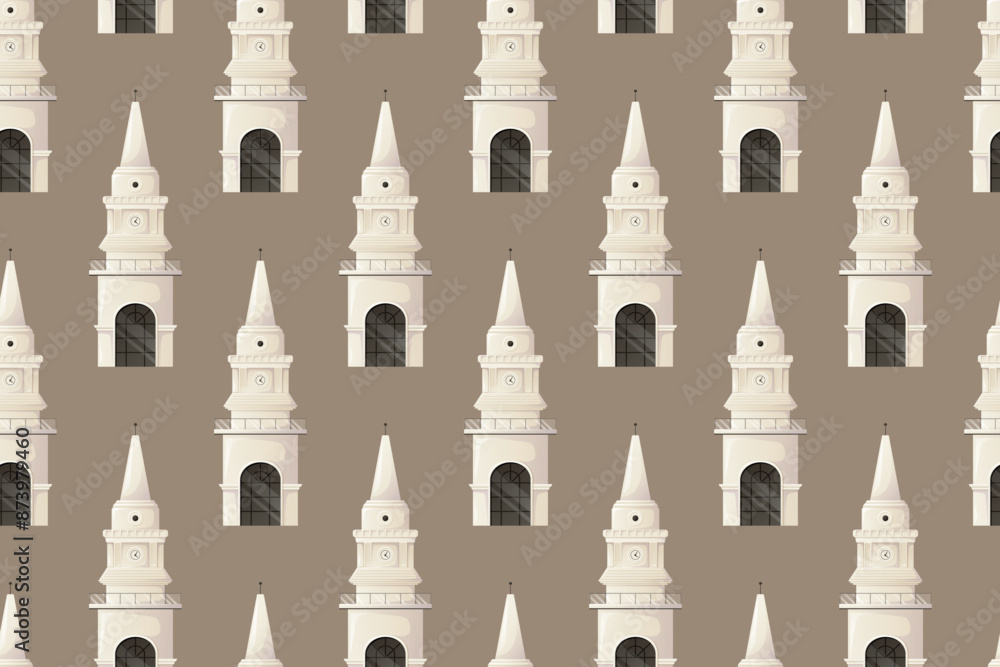 White stone tower with arch and clock. Mediterranean architectural building, landmark of the Turkish city of Kemer. Vector seamless cartoon pattern. White stone tower with arch and clock. Mediterranean architectural building, landmark of the Turkish city of Kemer. Vector seamless cartoon pattern.