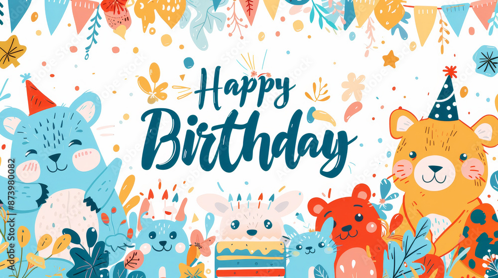 Fototapeta premium Cute happy birthday card with cartoon animal characters and festive decorations