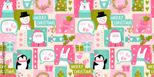 Lovely christmas seamless pattern, cute characters and decoration, great for wrapping paper, textiles, banners, wallpapers - vector design