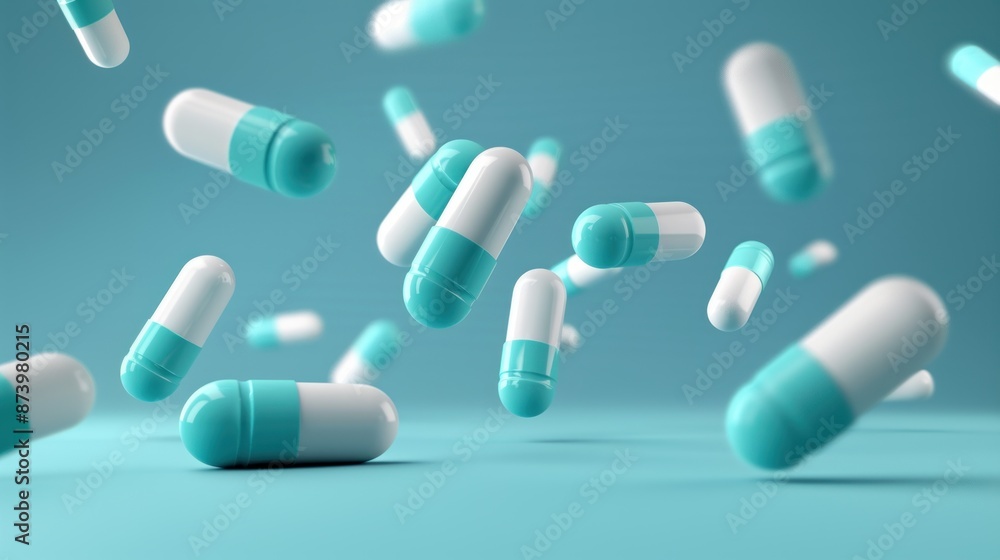 Turquoise and white medical pills falling on light blue background showing medication and healthcare Turquoise and white medical pills falling on light blue background showing medication and healthcare
