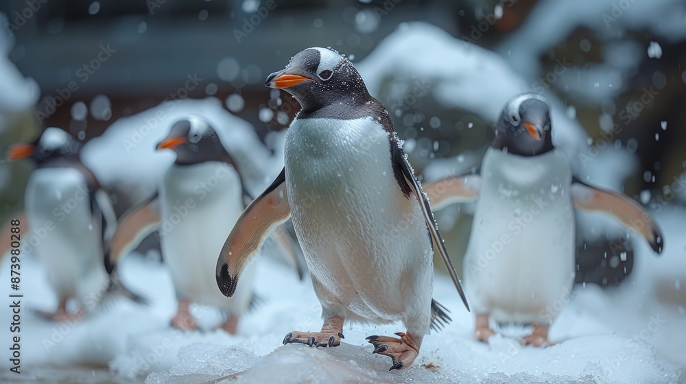 Obraz premium Penguins sliding on paper cut ice in a zoo.