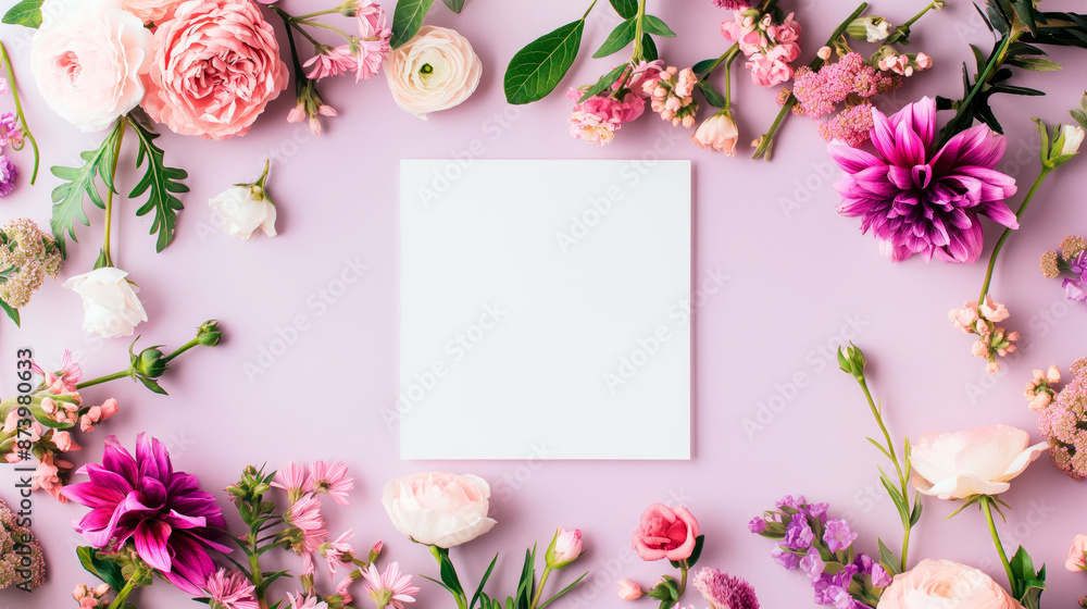 Flat lay of beautiful flowers over pink background and blank card for invitation. Mother's day, Valentine's day or wedding concept. Mock up template with space for text or product. Flat lay of beautiful flowers over pink background and blank card for invitation. Mother's day, Valentine's day or wedding concept. Mock up template with space for text or product.