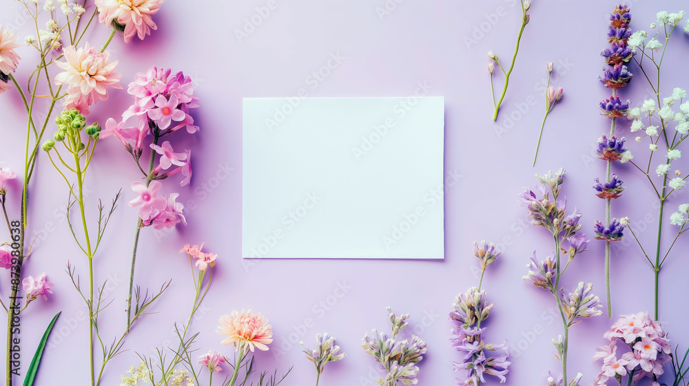 Flat lay of beautiful flowers over pink background and blank card for invitation. Mother's day, Valentine's day or wedding concept. Mock up template with space for text or product. Flat lay of beautiful flowers over pink background and blank card for invitation. Mother's day, Valentine's day or wedding concept. Mock up template with space for text or product.