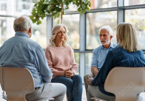 Group therapy session with elderly people sitting in a circle discussing and supporting each other