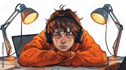 Overwhelmed Young Student with Messy Hair and Headphones