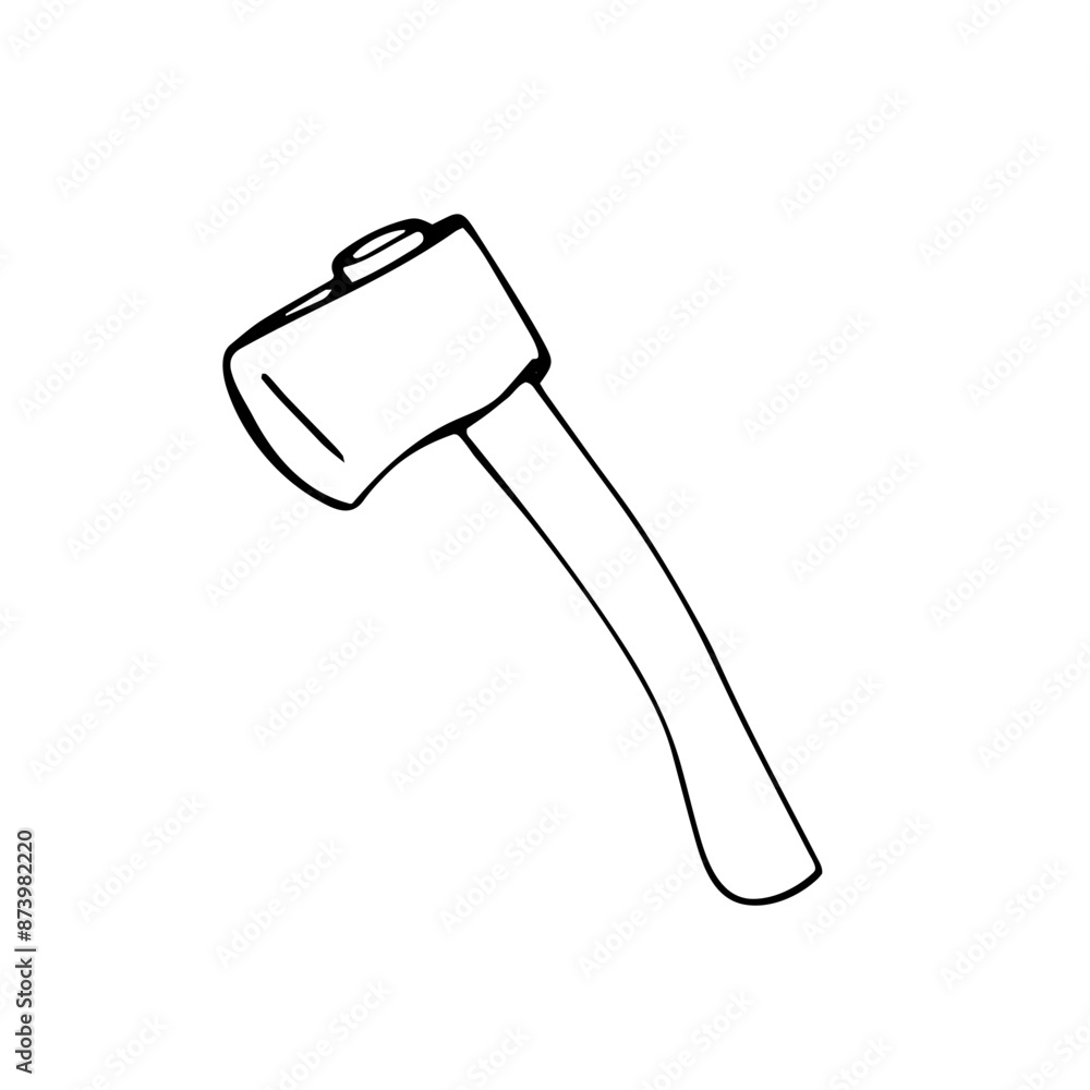 Hand-drawn hatchet. Hiking hand axe with wooden handle. Carpenter tool for forest camping, isolated on white background Hand-drawn hatchet. Hiking hand axe with wooden handle. Carpenter tool for forest camping, isolated on white background