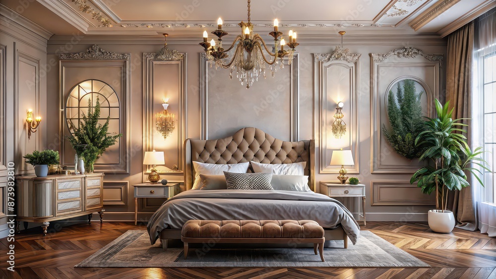 Beautiful room interior with elegant furniture, cozy bed, and stylish decorations , interior design, bedroom, luxury Beautiful room interior with elegant furniture, cozy bed, and stylish decorations , interior design, bedroom, luxury
