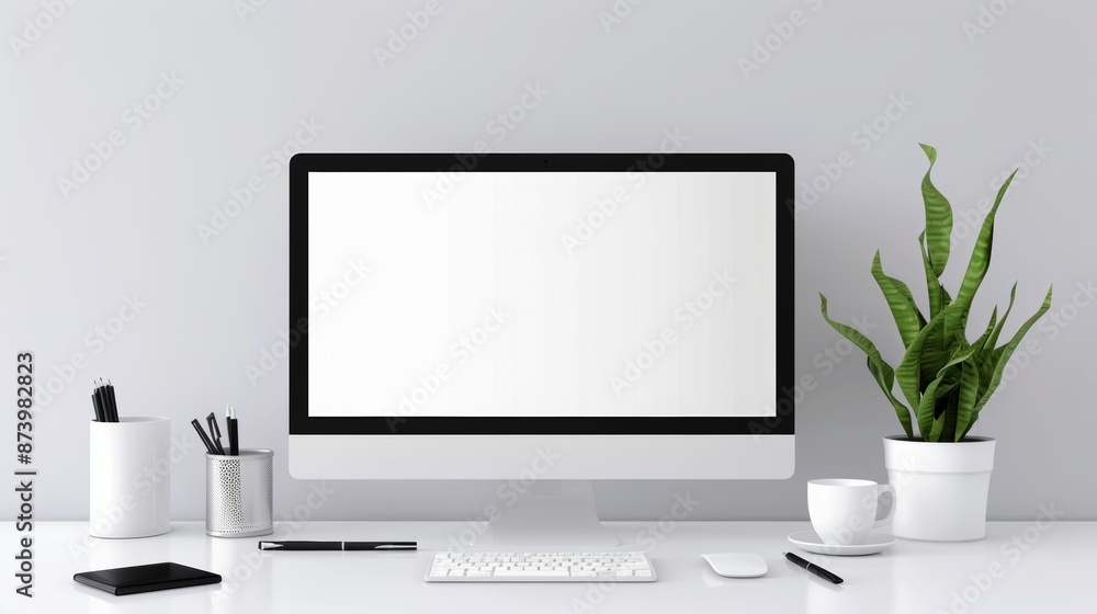 Minimalist office desk with sleek organization, essential work supplies, and a computer, emphasizing a clean and focused workspace Minimalist office desk with sleek organization, essential work supplies, and a computer, emphasizing a clean and focused workspace