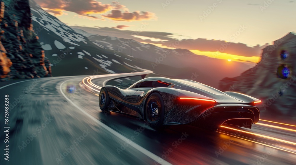 Fototapeta premium Futuristic vehicle speeding on mountain highway at sunset in a realistic depiction