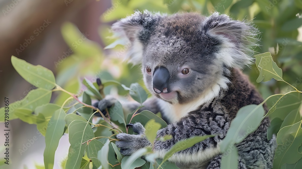 Adorable Baby Koala Clinging to Eucalyptus Branch in Lush Greenery Under Soft Natural Light Adorable Baby Koala Clinging to Eucalyptus Branch in Lush Greenery Under Soft Natural Light