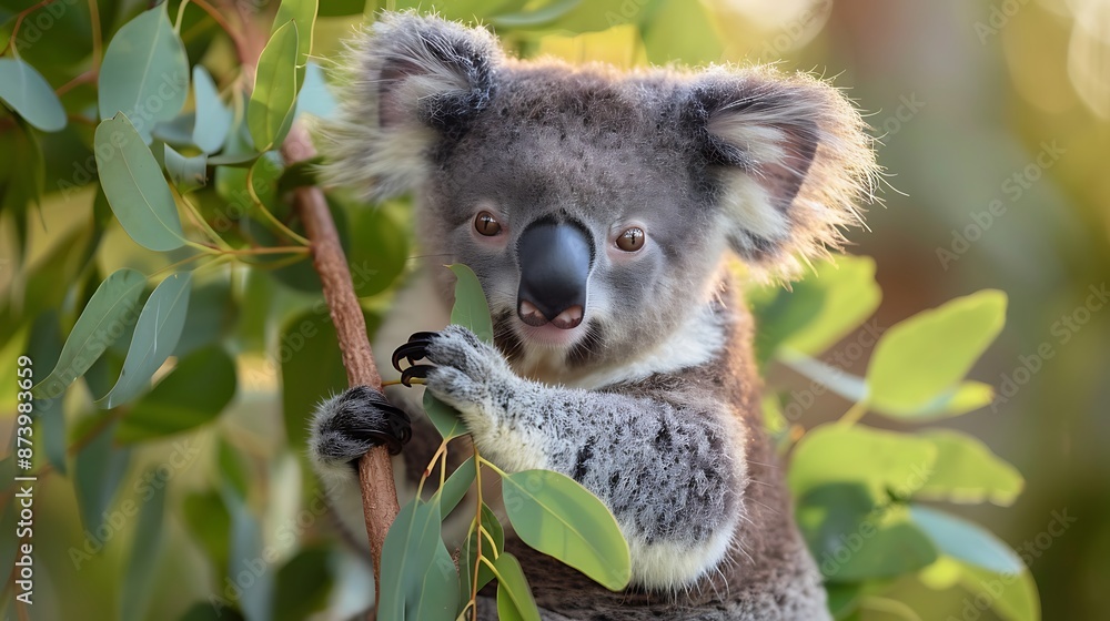 Adorable Baby Koala Clinging to Eucalyptus Branch in Lush Green Forest Habitat under Soft Natural Light Adorable Baby Koala Clinging to Eucalyptus Branch in Lush Green Forest Habitat under Soft Natural Light