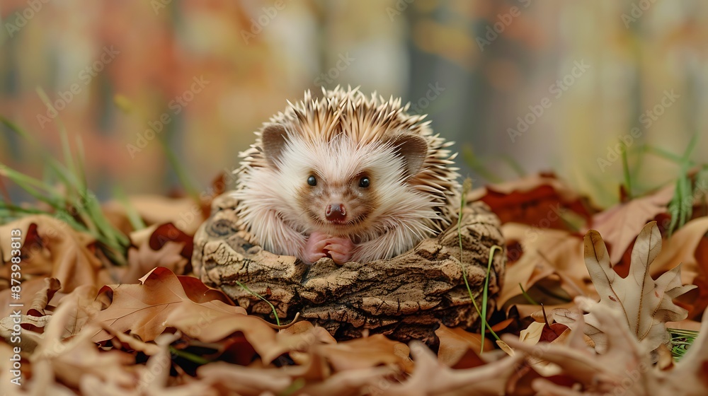 Cozy Baby Hedgehog Nestled on Autumn Leaves - Earthy Tones and Textures Cozy Baby Hedgehog Nestled on Autumn Leaves - Earthy Tones and Textures