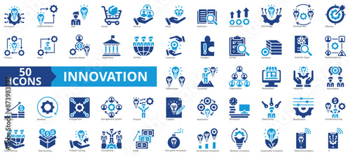 Innovation icon collection set. Containing implementation, idea, goods, service, value, definition, improvement icon. Simple flat vector