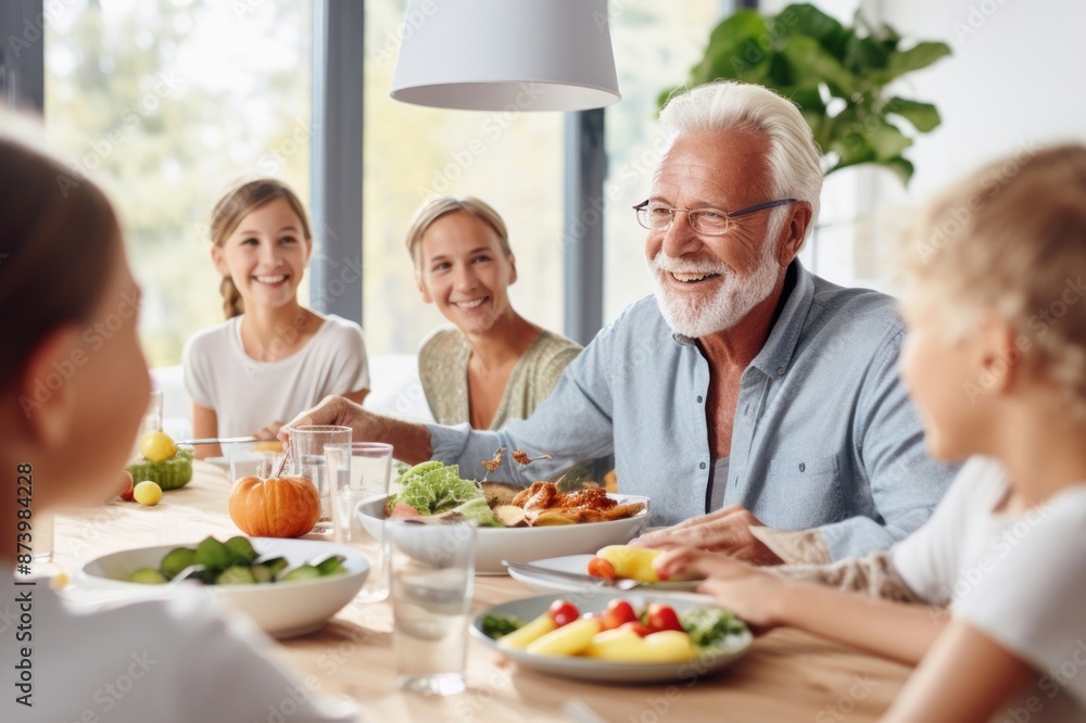 Happy multi-generation family grandfather grandchild dining. Happy multi-generation family grandfather grandchild dining.