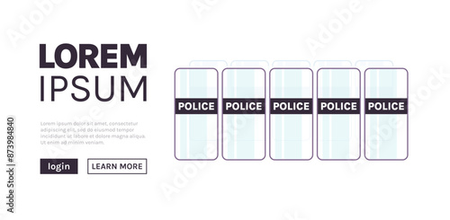 Police officer shields and batons riot police officers standing together protesters demonstrations control concept flat vector illustration.	
