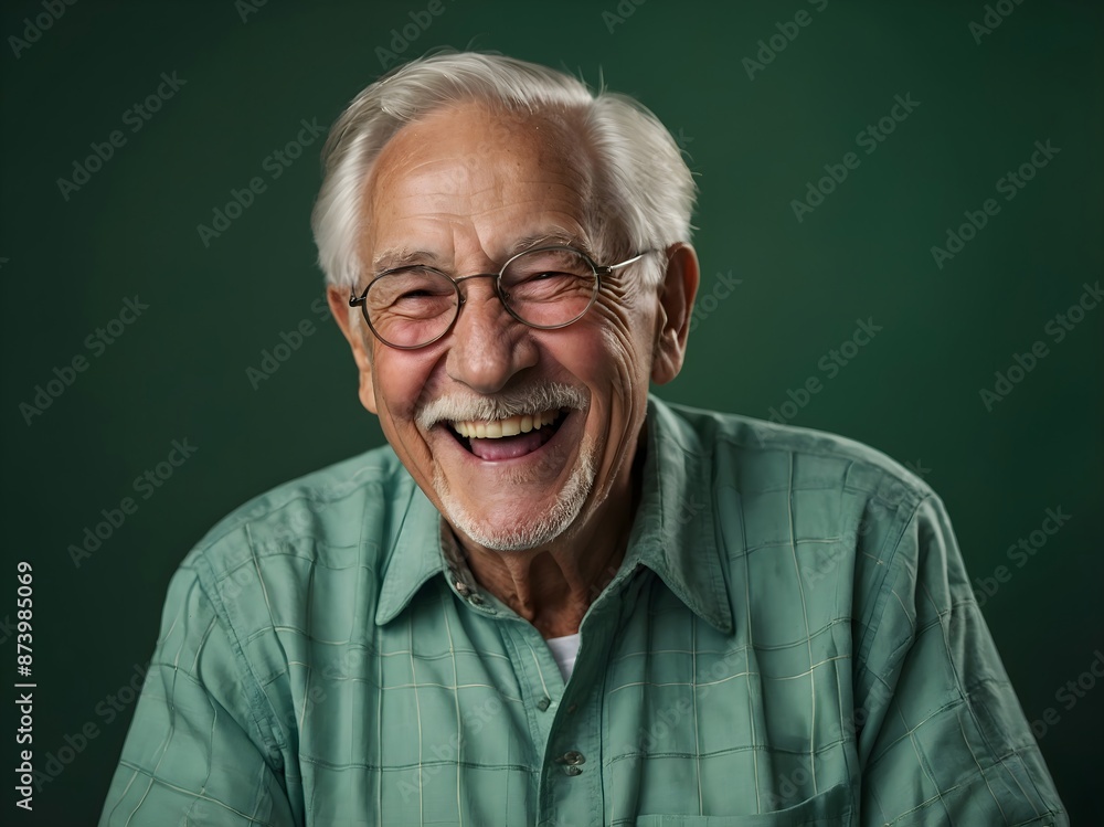 Portrait of an old man laughing, green background with copy space Portrait of an old man laughing, green background with copy space