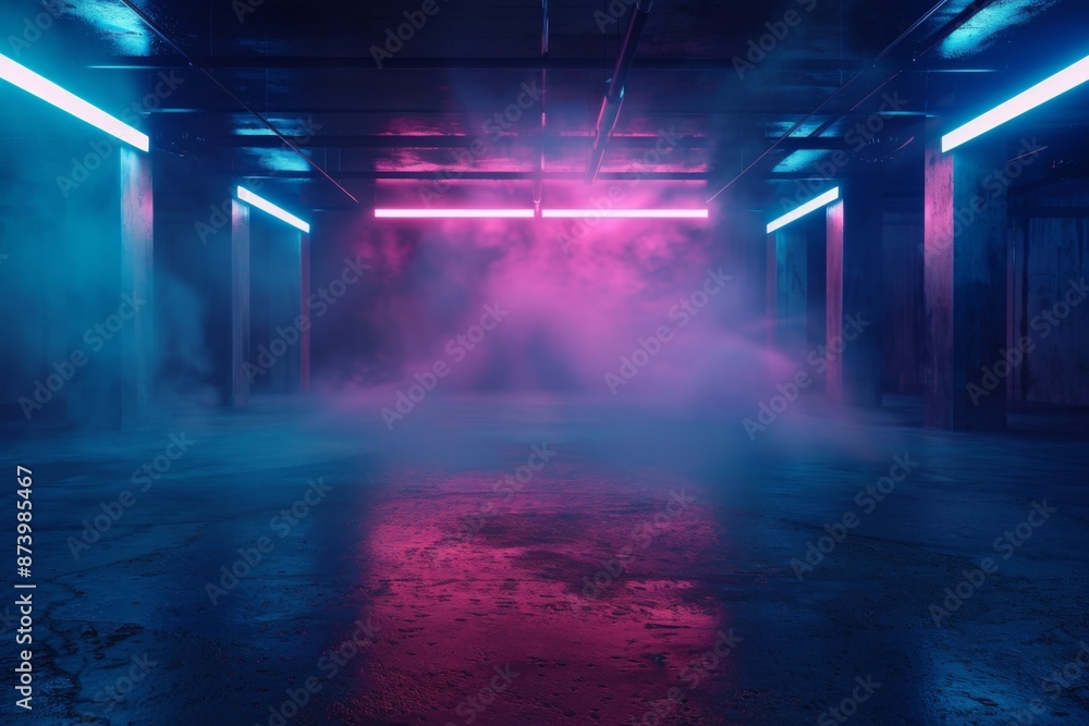 Fototapeta premium Mysterious night scene, abandoned street illuminated by neon lights, a dark empty street, dark blue background, empty dark scene