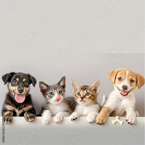 Adorable kittens and puppies eager to play with a bone photo