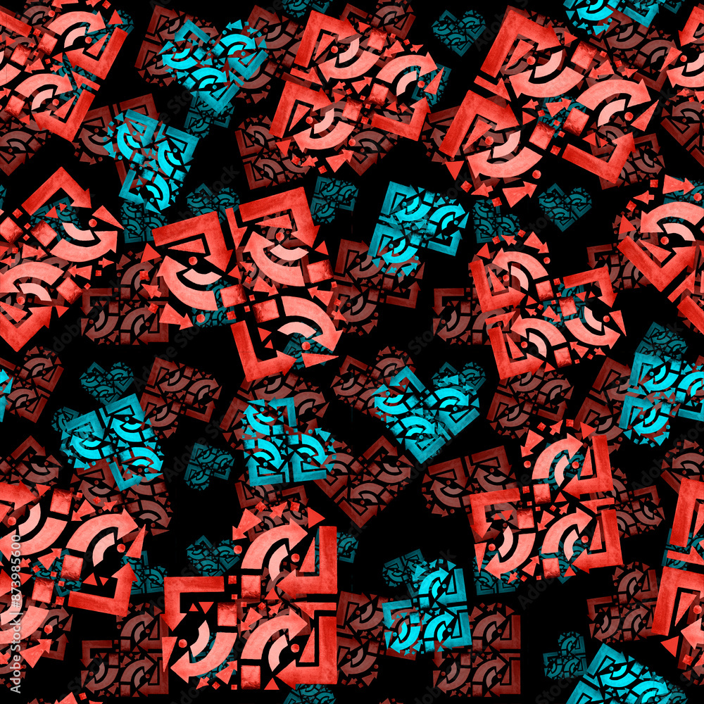 Obraz premium Seamless pattern of red and blue hearts in layers. Watercolor texture pattern on a black background. 