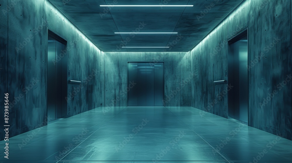 A large, empty, dark room with a blue ceiling and silver doors A large, empty, dark room with a blue ceiling and silver doors