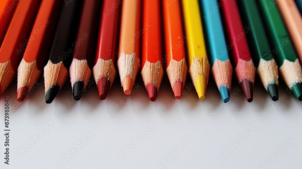 Set of colored pencils with sharpener, artistic drawings, and paintings in progress, emphasizing the tools of a creative mind Set of colored pencils with sharpener, artistic drawings, and paintings in progress, emphasizing the tools of a creative mind