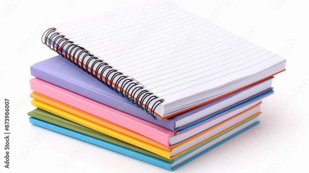 Stack of colorful notebooks with various covers and spiral bindings ...