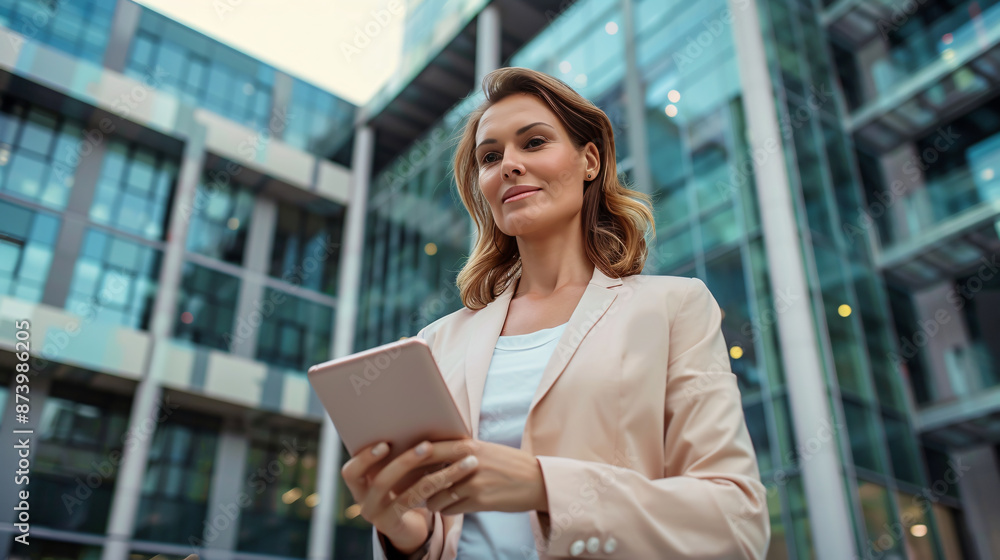 Portrait of a successful businesswoman using a digital tablet in front of a modern business building. Portrait of a successful businesswoman using a digital tablet in front of a modern business building.