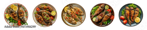 Collection plate of tasty fried fish isolated on a transparent background, top view, cut out, PNG