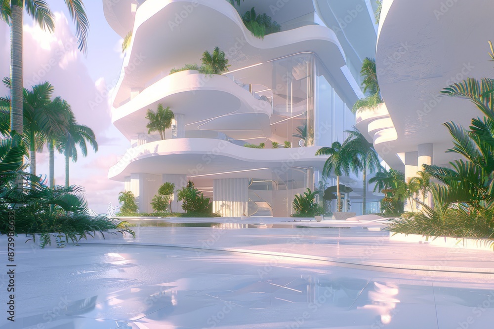 Naklejka premium Ultra-modern architectural marvel with sleek white curves, reflective surfaces, and illuminated at twilight, creating a futuristic ambiance.