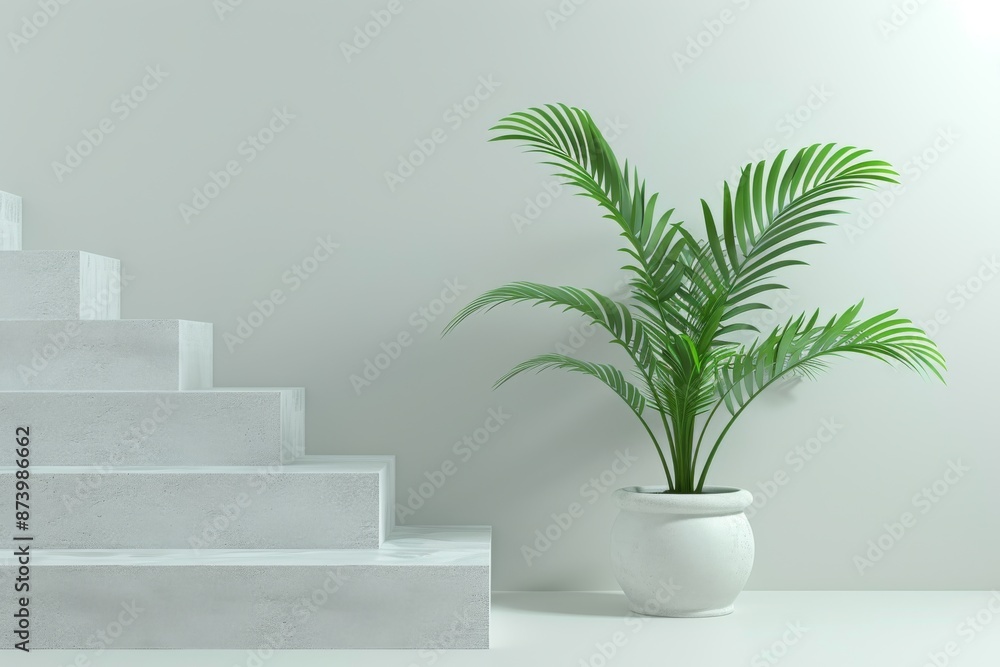 Minimalistic interior with a single green potted plant on white stairs, highlighting simplicity and tranquility. Minimalistic interior with a single green potted plant on white stairs, highlighting simplicity and tranquility.