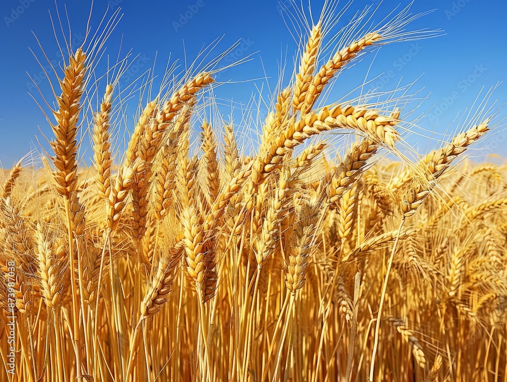 Fototapeta premium vast field of golden wheat swaying in the breeze under a clear blue sky.