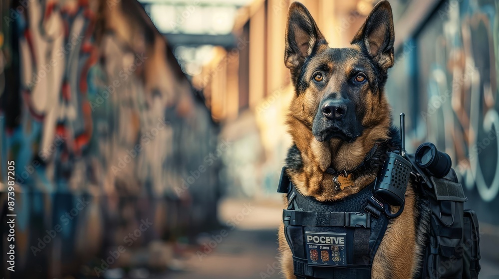 German Shepherd police dog in tactical vest standing alert in an urban graffiti alley, showcasing loyalty and readiness for action. German Shepherd police dog in tactical vest standing alert in an urban graffiti alley, showcasing loyalty and readiness for action.