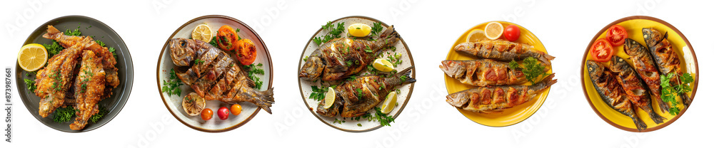 Collection plate of tasty fried fish isolated on a transparent background, top view, cut out, PNG Collection plate of tasty fried fish isolated on a transparent background, top view, cut out, PNG