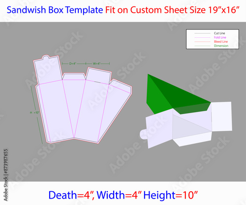 Sandwish Box 4x4x10 inch Dieline Template photo