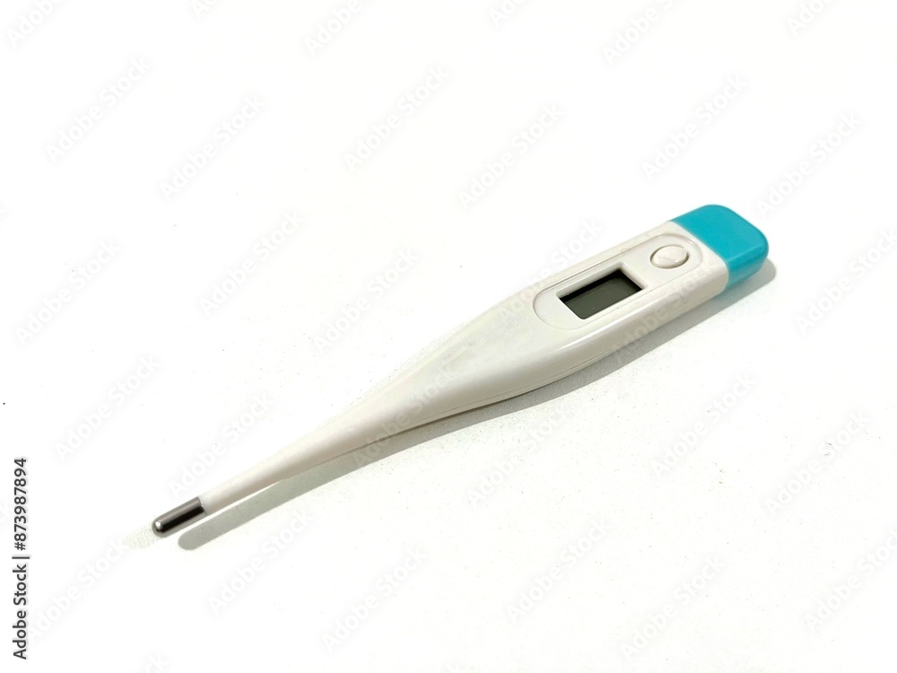 Electronic modern thermometer with screen for displaying body temperature isolated on white. Fever diagnostic and healthcare concept
