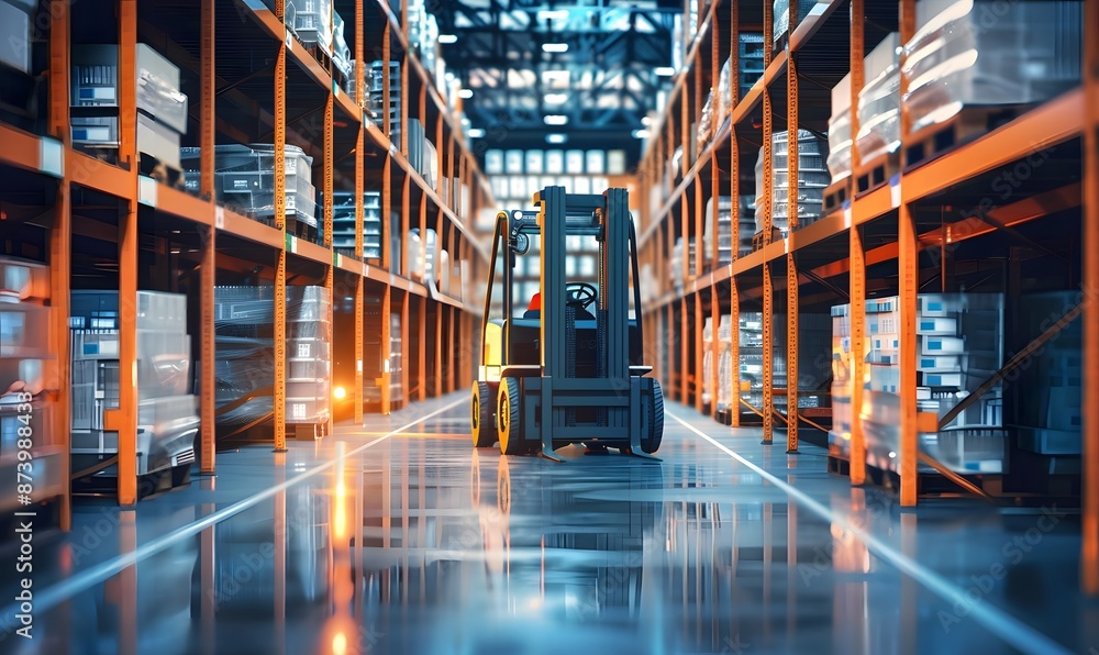 Forklift doing storage in warehouse by artificial intelligence automation. Robotics applied to industrial logistics. Forklift doing storage in warehouse by artificial intelligence automation. Robotics applied to industrial logistics.