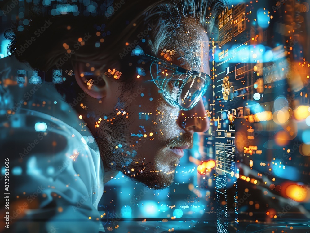 scientist or student conducting an experiment with a digital background of a futuristic science lab. scientist or student conducting an experiment with a digital background of a futuristic science lab.