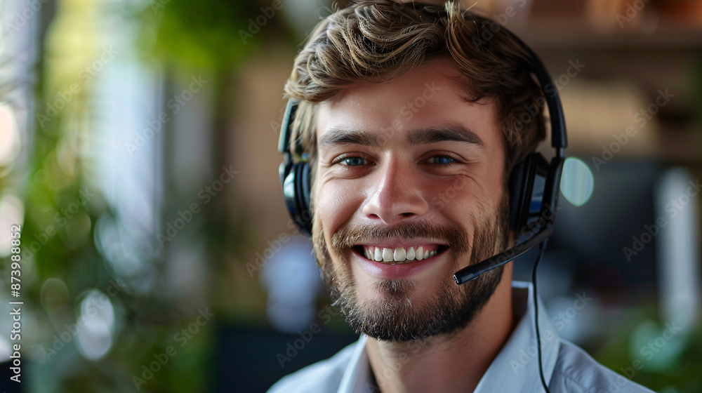 Portrait of a handsome man smiling while working on a computer with a headset. Portrait of a handsome man smiling while working on a computer with a headset.