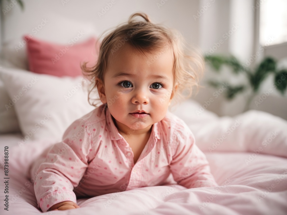 Cute baby on the white bed with pink dotted shirt Cute baby on the white bed with pink dotted shirt